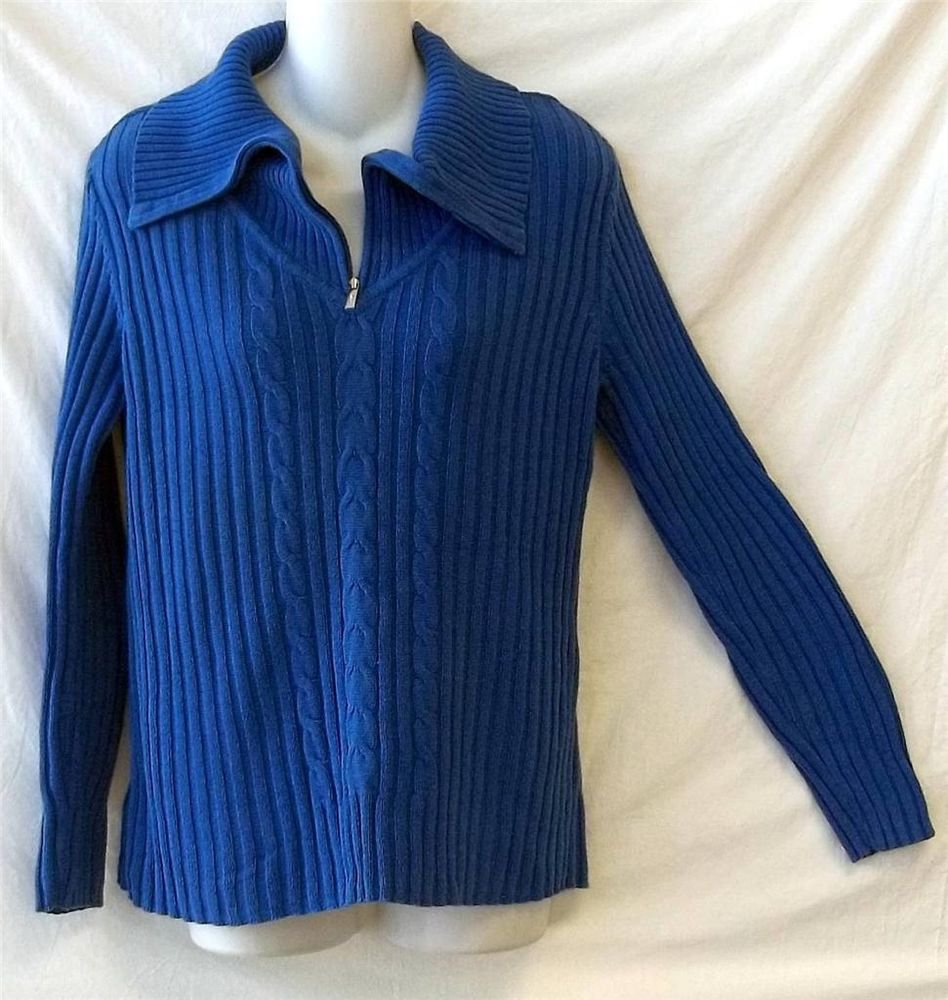 Liz & Co. Large 12 14 Blue Ribbed Zipper Turtle Neck LS Faux Cable Knit Sweater
