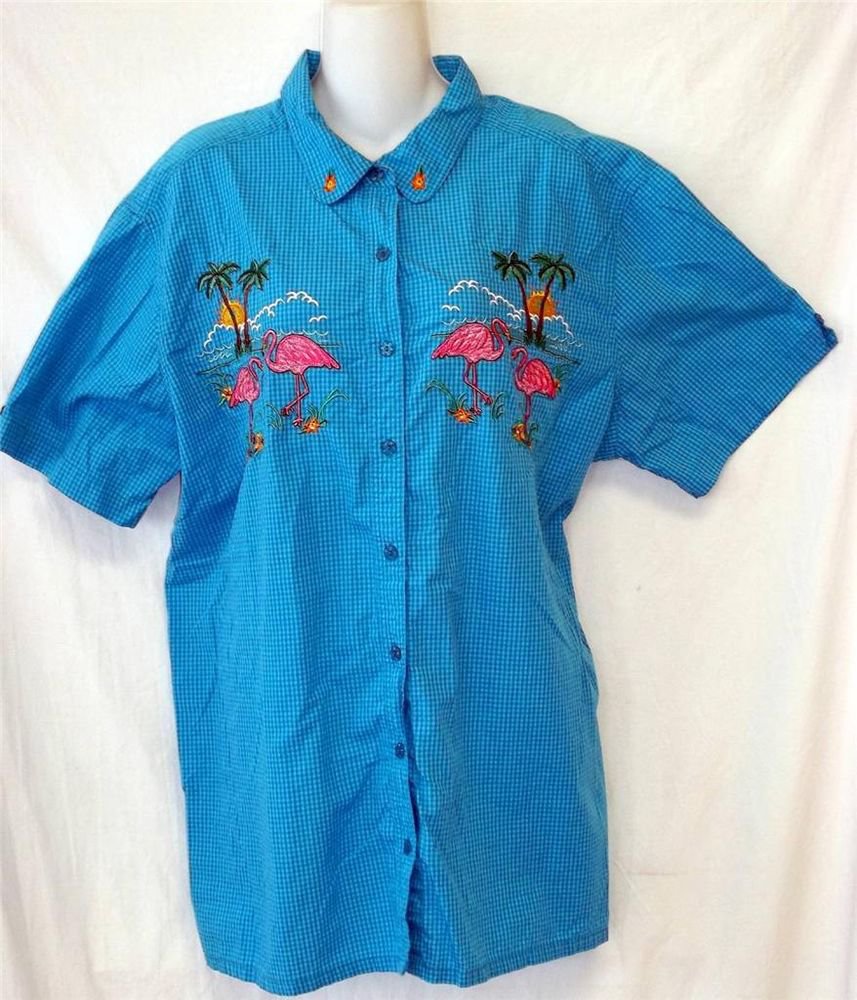 Bobbie Brooks Woman 3X 22W 24W Blue Checkered SS Button Front Summer Blouse