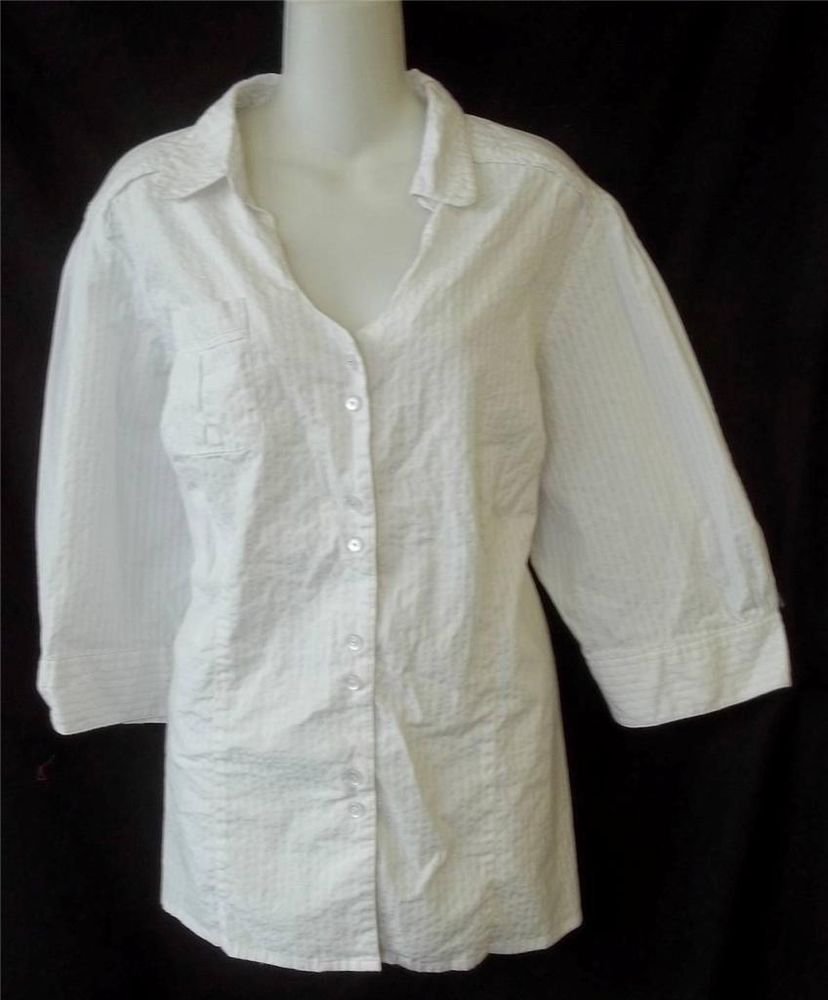 Quizz Woman Trends 3X 22W White Silver Pin Striped 3/4 Sleeves Career Blouse Top