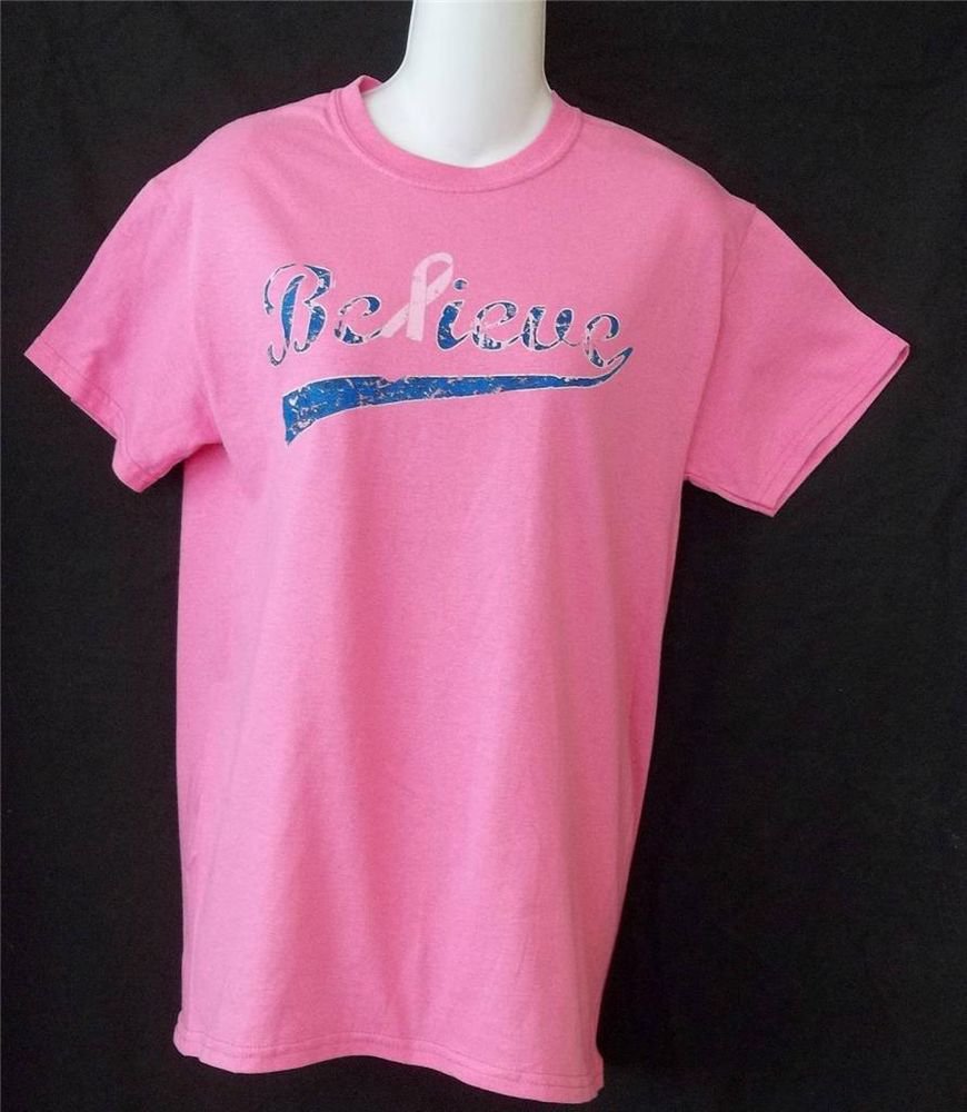 NEW Breast Cancer Hot Pink Believe Small 4 6 SS Gildan Heavy Cotton T Shirt