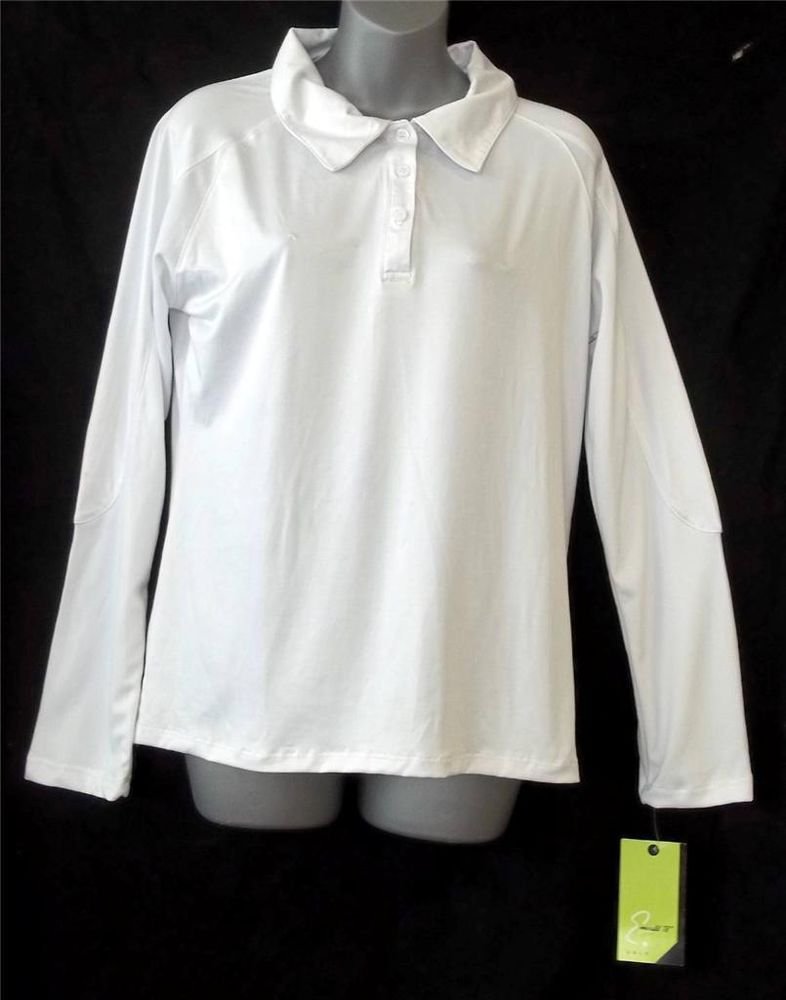 NEW Emerald 18 Large 16 18 White Long Sleeve Golf Silky Blouse 3 Button Collar