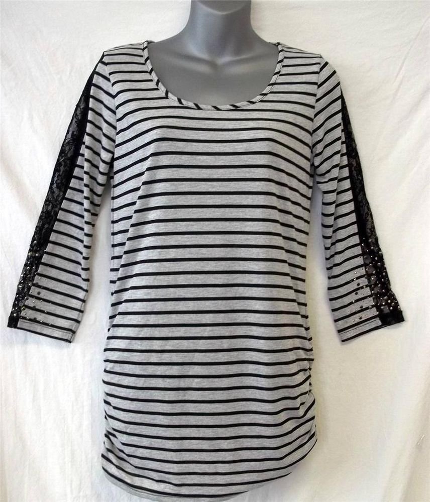 NEW French Laundry Small 4 6 Gray Black Striped 3/4 Sleeve Embellished Tunic Top
