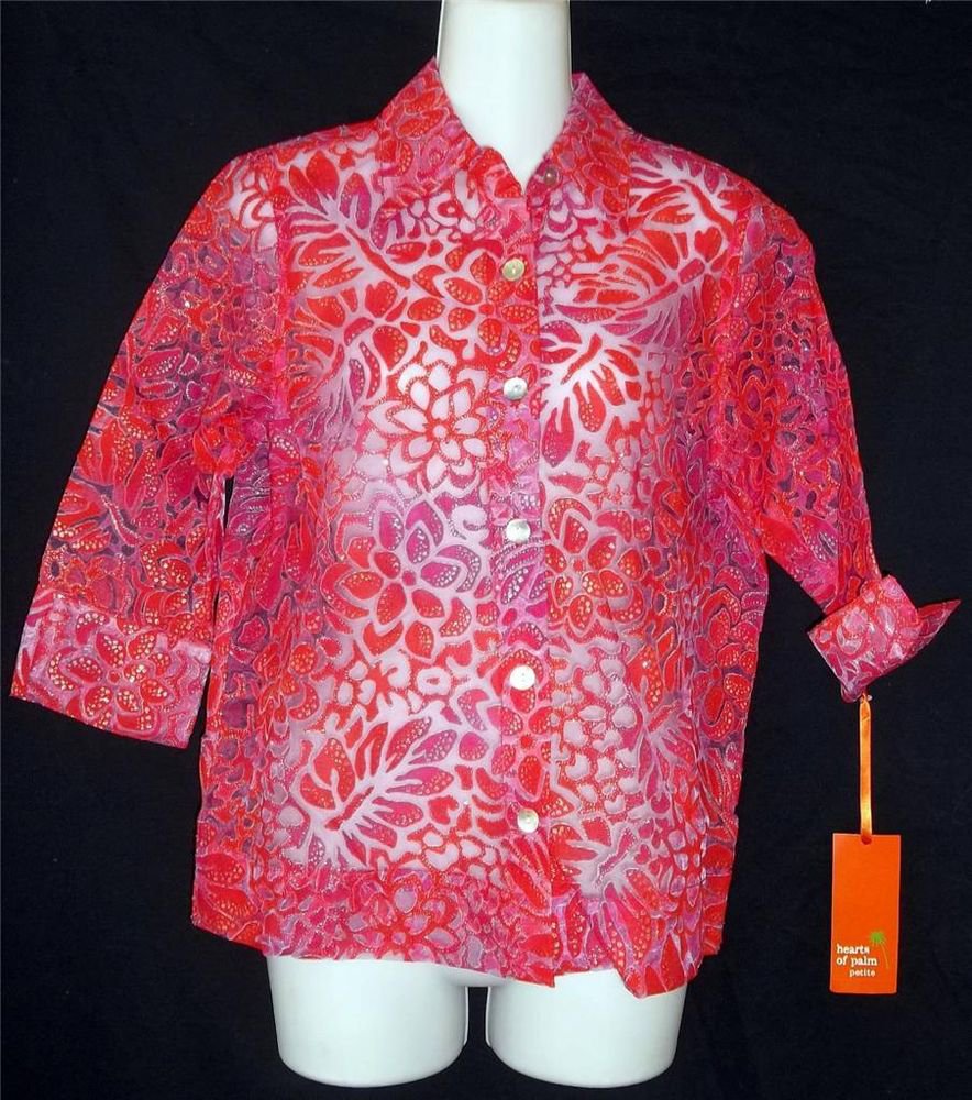 NEW Hearts of Palm Petite 8P Medium Red Purple Sheer 3/4 Sleeve Career Blouse