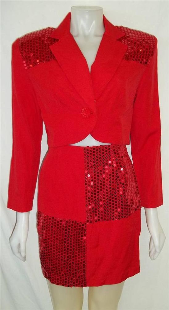 Addiction Junior 9 Medium Vintage '80s Red Sequin LS Jacket Mini Skirt 2 Pc Suit