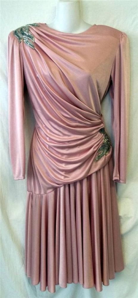 Vtg '80s Abbey Kent 6 Small Pink Rose Silver Sequins LS Midcalf Cocktail Dress