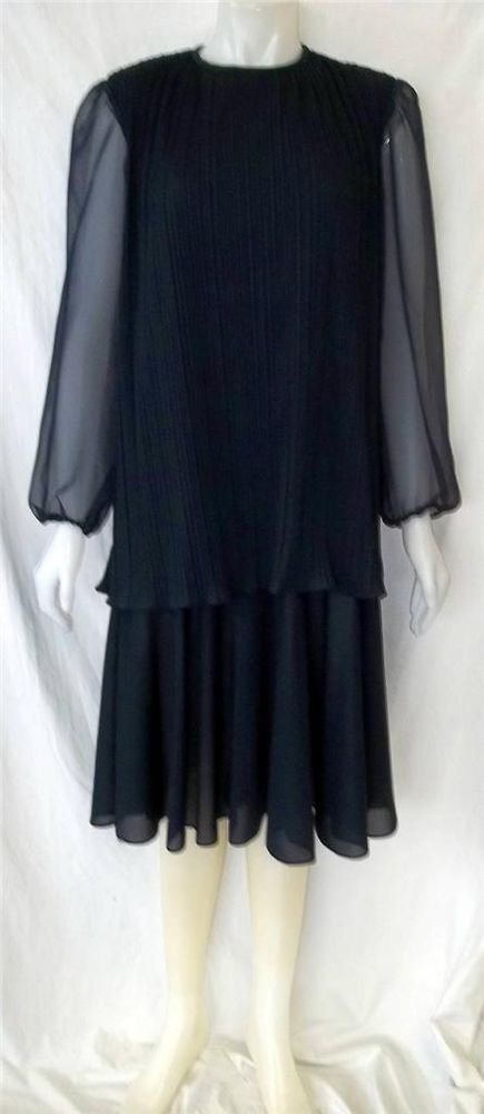 Vintage '70s Gilberti XL 16 18 Navy Blue Faux 2 Pc LS Midcalf Cocktail Dress