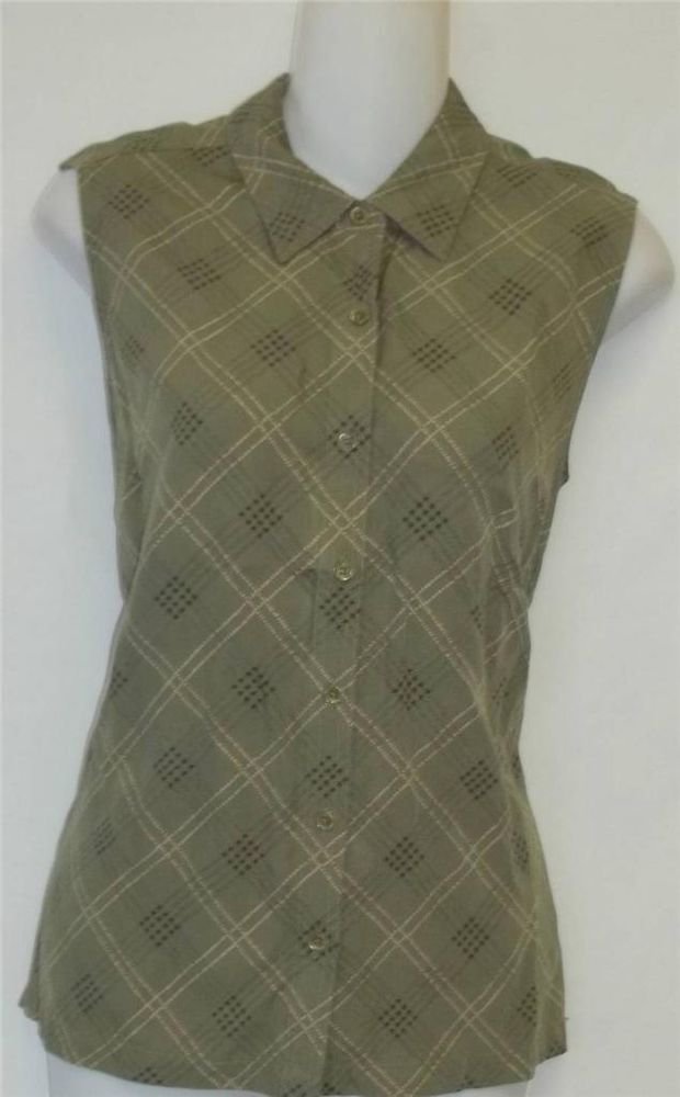 Izod 12 Large Olive Green Plaid Casual Golf Collared Sleeveless Blouse Top