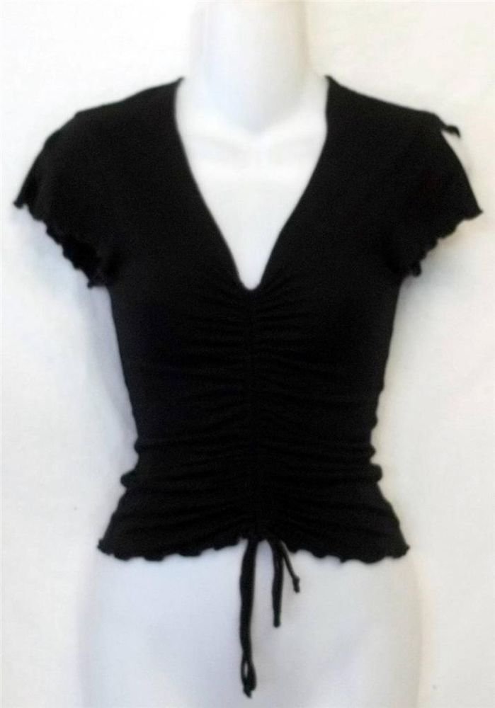 Paris Blues Juniors XS 0 1 Black Ruched Split Cap Sleeve V Neck Blouse Top
