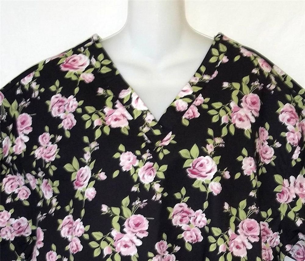 Rene Rofe Small 4 6 Medical Nurse Dental Vee Neck Scrub Top Black Pink Roses