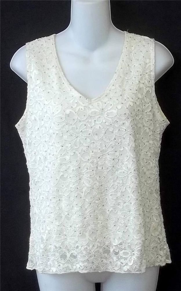Brittany Black Large 12 14 White Floral Lace V Neck Lined Sparkly Tank Top Cami
