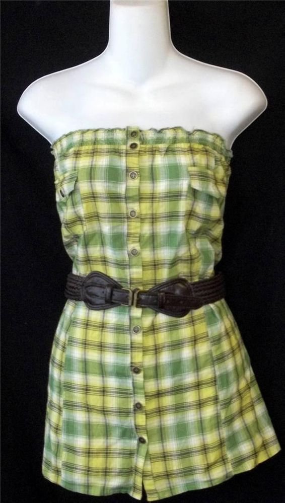 New FANG 2X 18W 20W 3X 22W 24W Green Plaid Strapless Cotton Belted Tunic Top