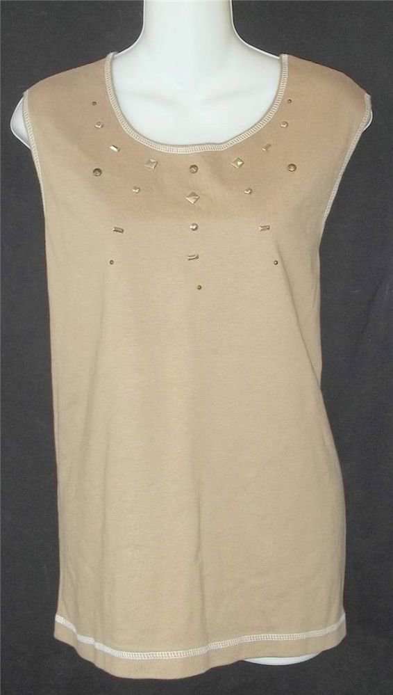 New AW Sport 1X 14W 16W Taupe Brown Embellished Sleeveless Blouse Tank Top