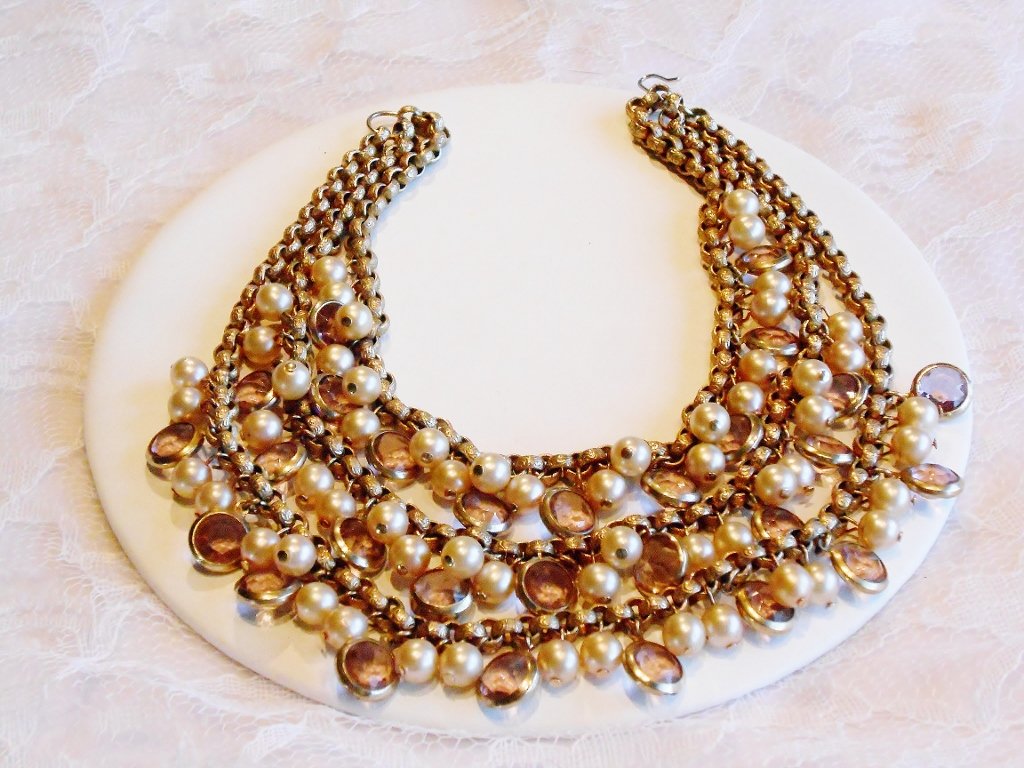 Three Strand Faux Pearl and Glass Necklace