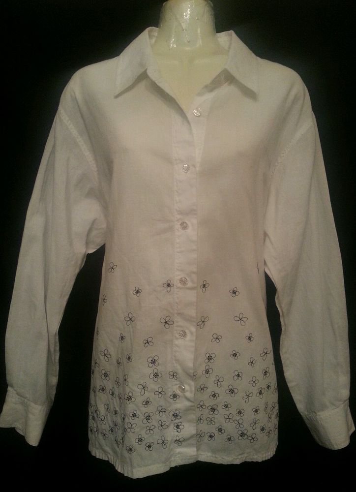 susan Bristol Large White Shirt Black Embrodiery Long sleeve