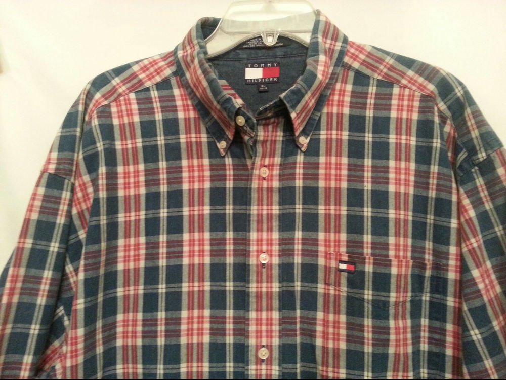 Tommy Hilfiger Xlarge Mens Shirt Red Blue Plaid Cotton