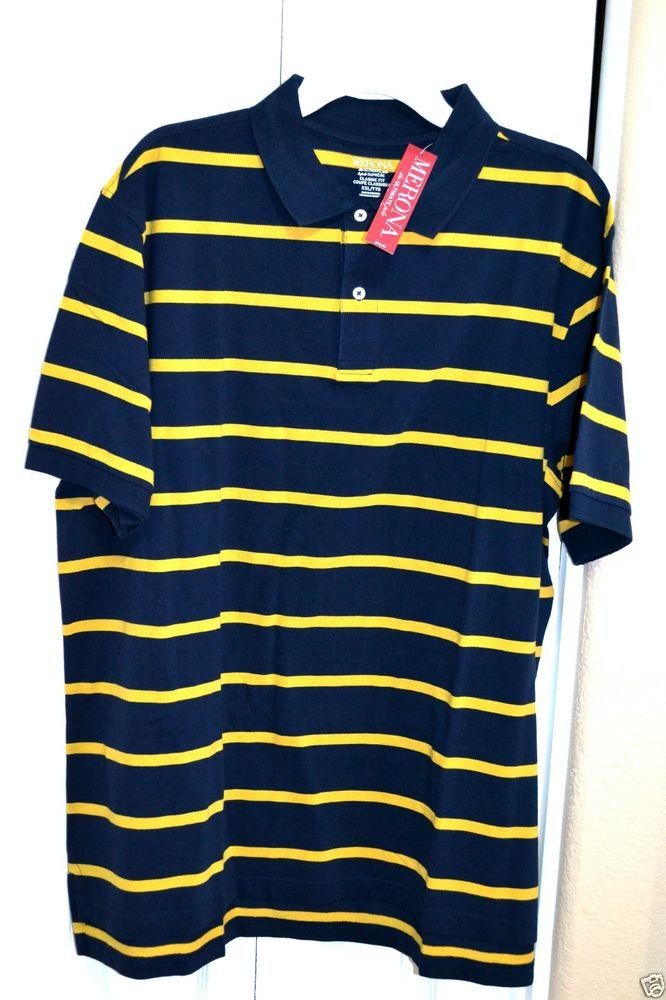 Merona Classic Fit Blue w/ Yellow Stripes 100% Cotton Polo Shirt Size XL NWT