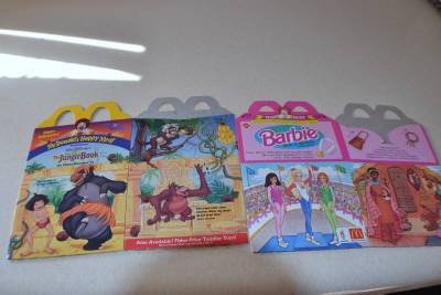 McDonalds Happy Meal Boxes Lot of 7 Barbie Jungle Book Animal Kingdom Hot Wheels