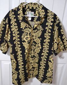 KY's Hawaiian Aloha XL Shirt Black & Gold Floral Coconut Buttons Made in Hawaii
