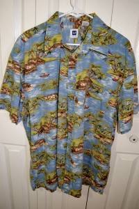 Gap Hawaiian 100% Cotton Blue Short Sleeve Palm Trees and Boats Shirt M Mens XXL