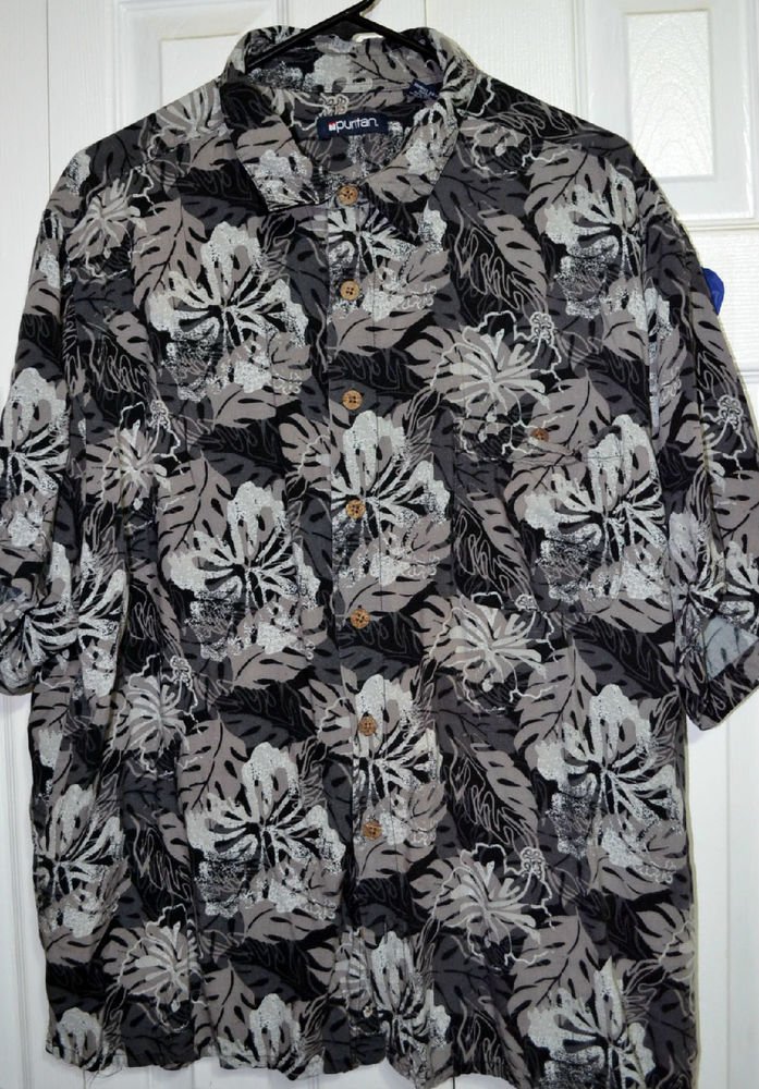 Puritan Mens Hawaiian Shirt 2XL XXL Black, Gray Tropical Leaf Orchid Rayon