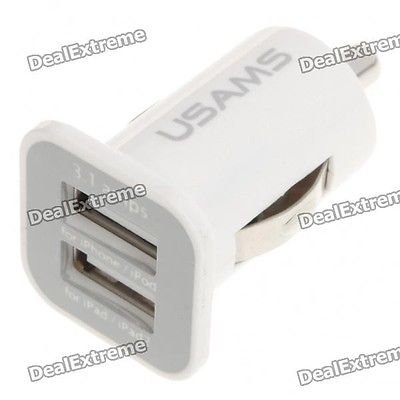 Dual-USB Car Cigarette Powered Charger for Ipad/Ipad 2/Ipod/Iphone - white