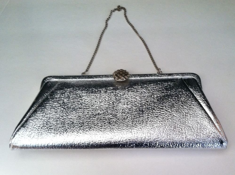 Vintage Silver Shiniy Clutch Party Evening Bag 12 inches Wide x 5 inches High