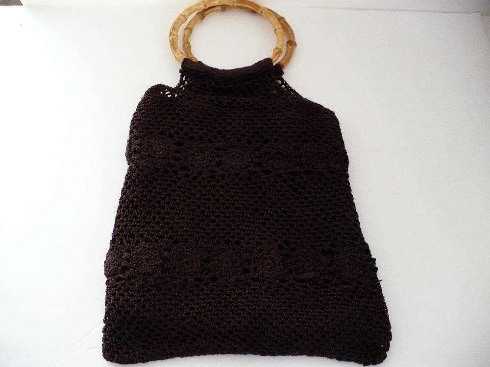 Crochet Handbag Baguette with Round Bamboo Handles Dark Brown 11 in. x 4 in.