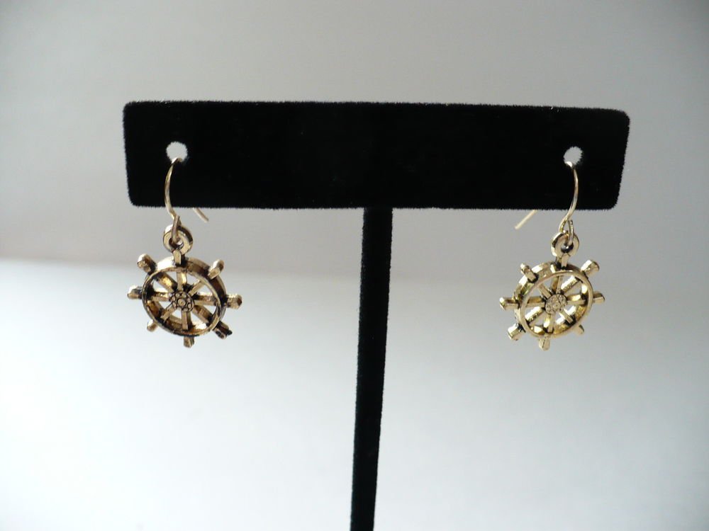Gold Nautical Cruise Ship Wheel Dangle Drop Earrings Surgical Steel Post