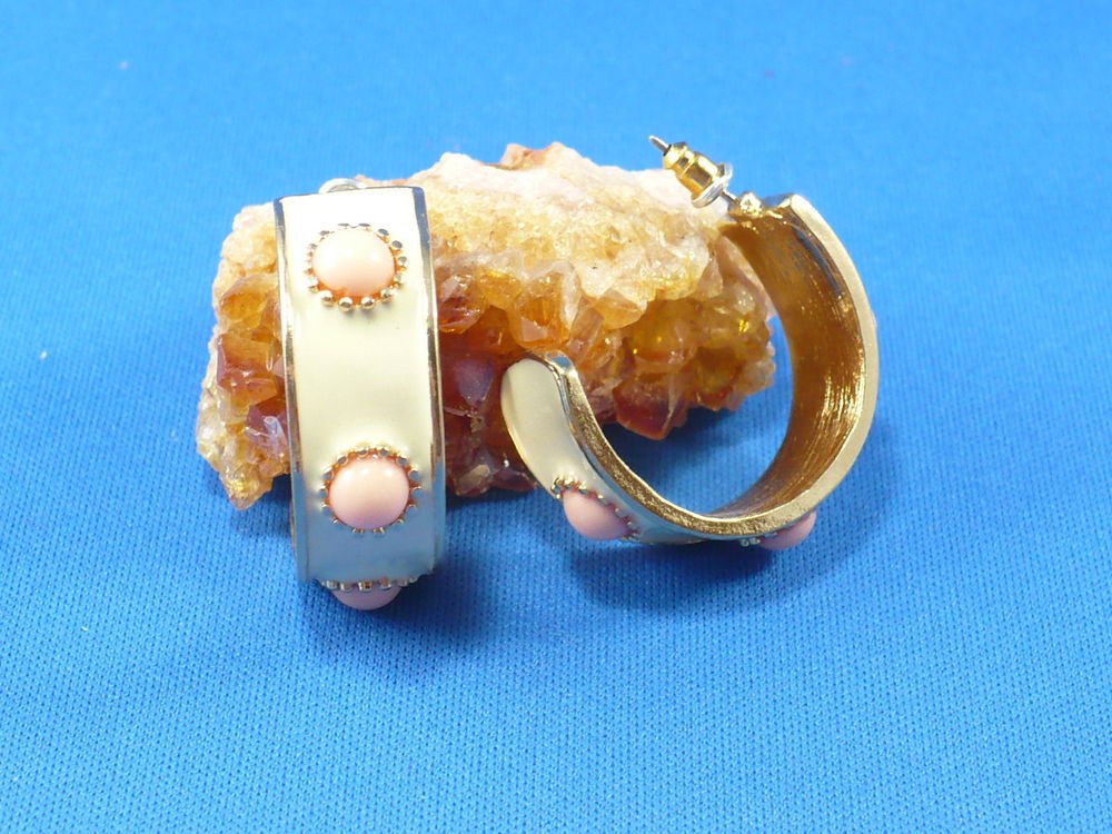 Soft Pink & White/Cream Half Hoop Pierced Post Surgical Steel Drop Earrings