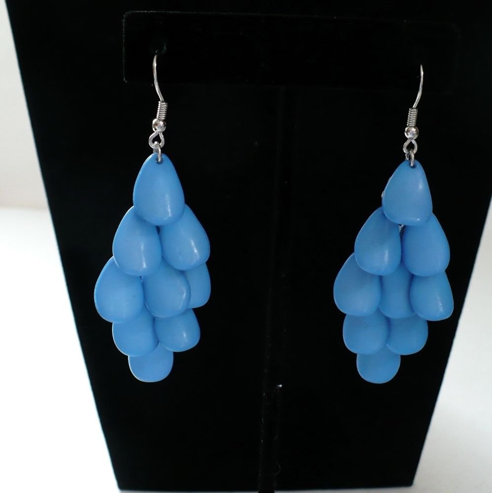 Blue Tierd Dangle Drop Hook Earrings Surgical Steel Post