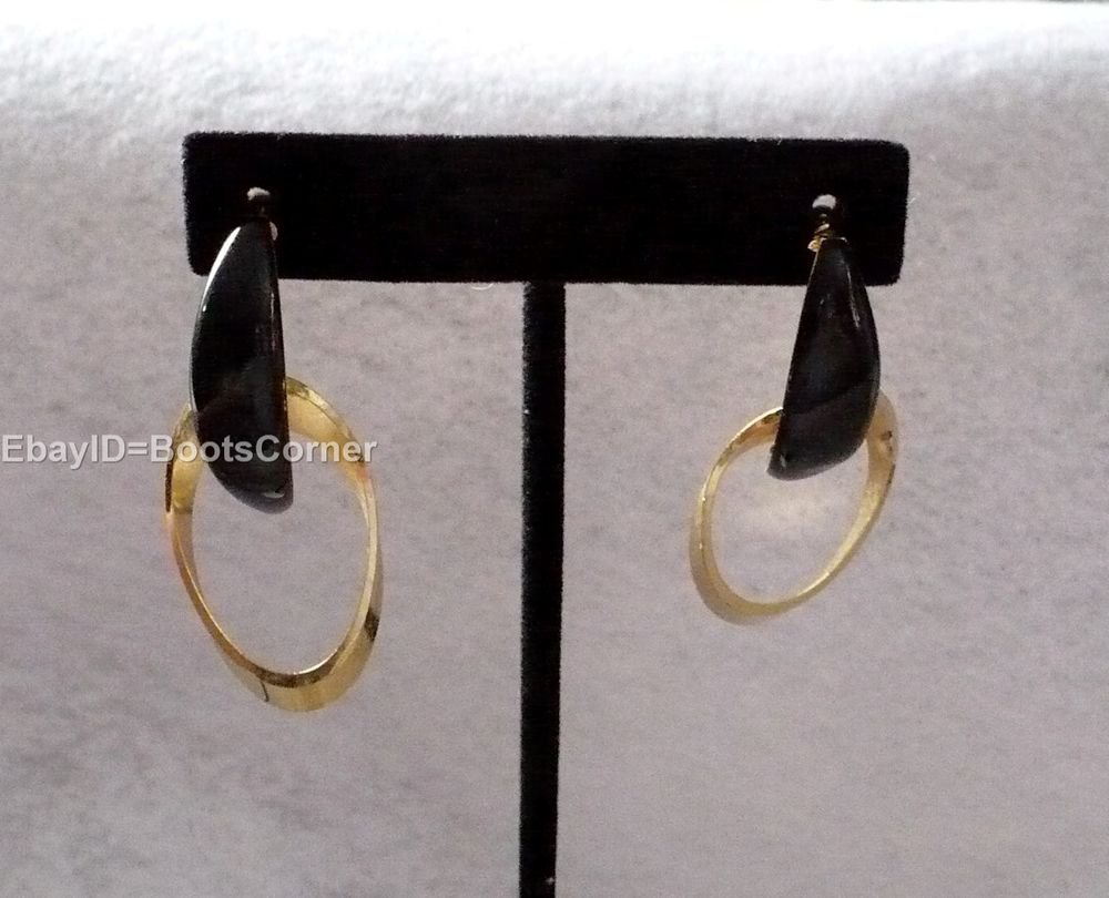 Gold Tone Black Dangle Drop Earrings Surgical Steel Post