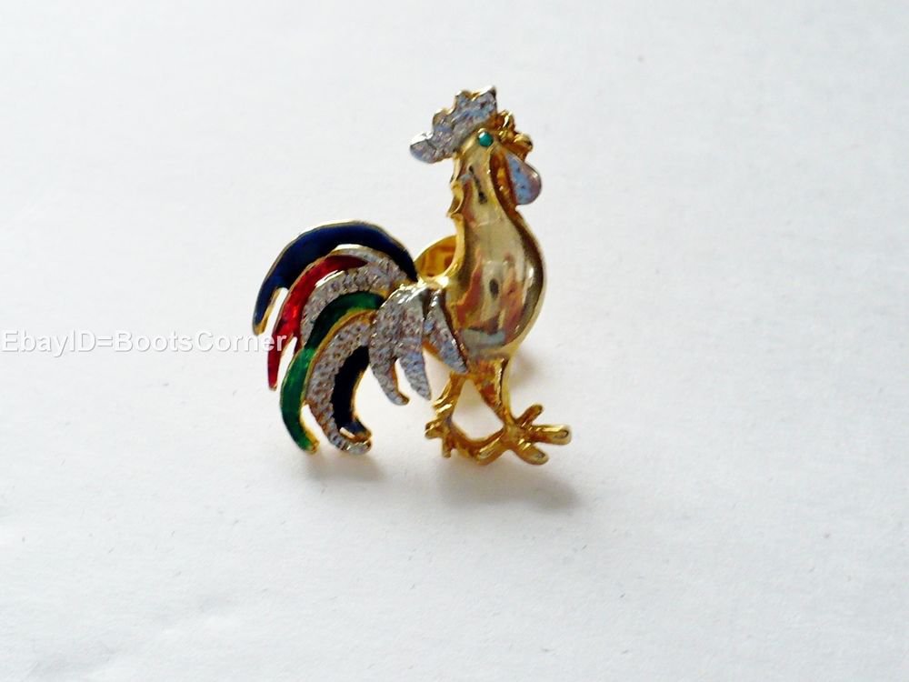 Multi-Tone Gold Rooster Animal Rhinestone Acrylic Pin Brooch