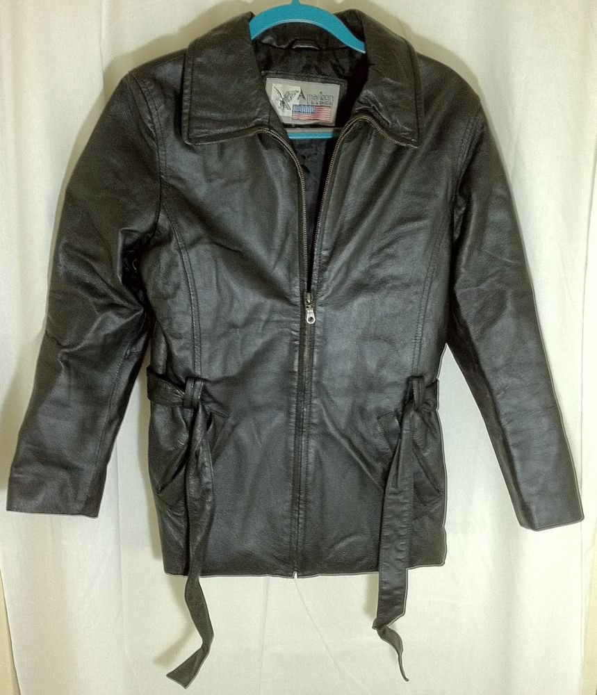 American Eagle Leather Black Basic Jacket with Belt attached Size Small