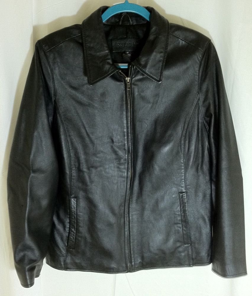 Jacklyn Smith Classic Black Leather Solid Basic Jacket Coat Size LG