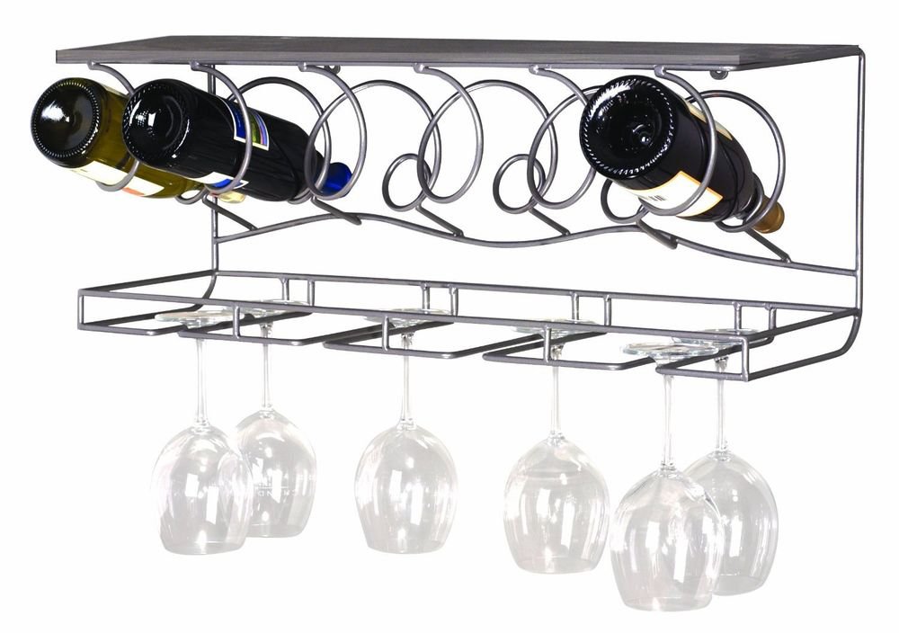 New Wine Bar Wall Rack metal wood 6 bottle 8 wine glasses holder organizer