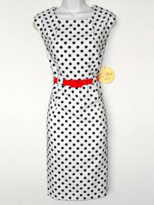 Emma & Michele Dress White Black Polka Dot Stretch Sheath Red Belt NWT