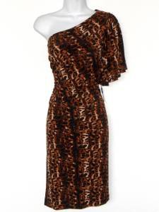 Calvin Klein Dress Size 10 Brown Black Leopard Print One Shoulder Stretch NWT