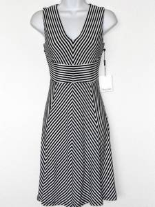 Calvin Klein Dress Black White Geo Stripe Print Stretch Fit & Flare NWT