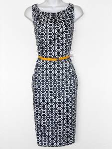 Nine West Dress Navy Blue White Geometric Floral Print Cotton Sheath Belt NWT