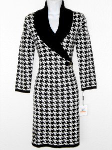 Calvin Klein Sweater Dress Black Ivory Houndstooth Knit Buckle NWT