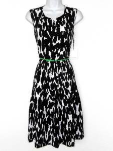Calvin Klein Dress Black White Animal Print Green Belt Sleeveless Silky NWT