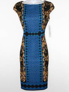 Maggy London Dress Blue Black Gold Scroll Mixed Print Stretch Sheath NWT