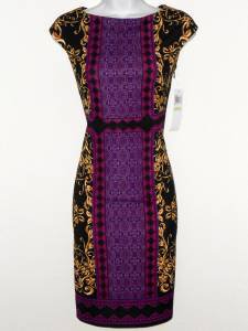 Maggy London Dress Purple Black Gold Scroll Mixed Print Stretch Sheath NWT