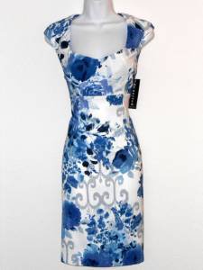 Connected Apparel Dress Blue White Watercolor Floral Print Sheath NWT