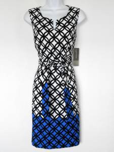 Jones NY Dress Size 6 Black White Blue Geometric Print Sheath Tie Belt NWT