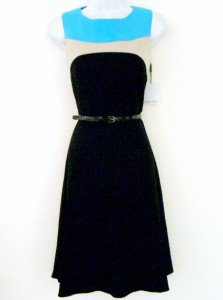 Calvin Klein CK Dress Size Sz 8 Black Blue Beige Colorblock Flare Belt NWT