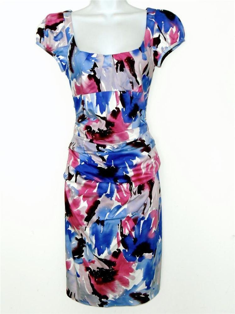 Suzi Chin Dress Size 2 Blue Pink Watercolor Floral Print Ruched Wiggle New