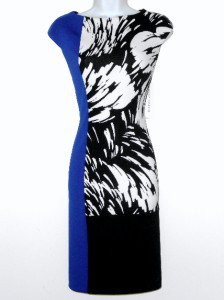 Maggy London Dress Size 10 Black White Blue Print Colorblock Ponte Stretch NWT