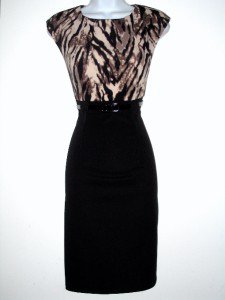 Connected Apparel Dress Size Sz 6P Sheath Brown Black Animal Print Belt Knit New