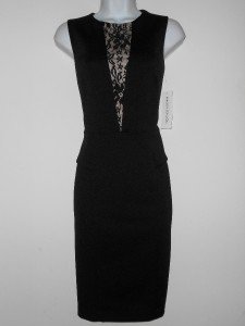 Maggy London Dress Size 4 Black Nude Lace Illusion Peplum Ponte Stretch NWT